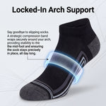 Black ankle sock with arch support feature on a light gray background