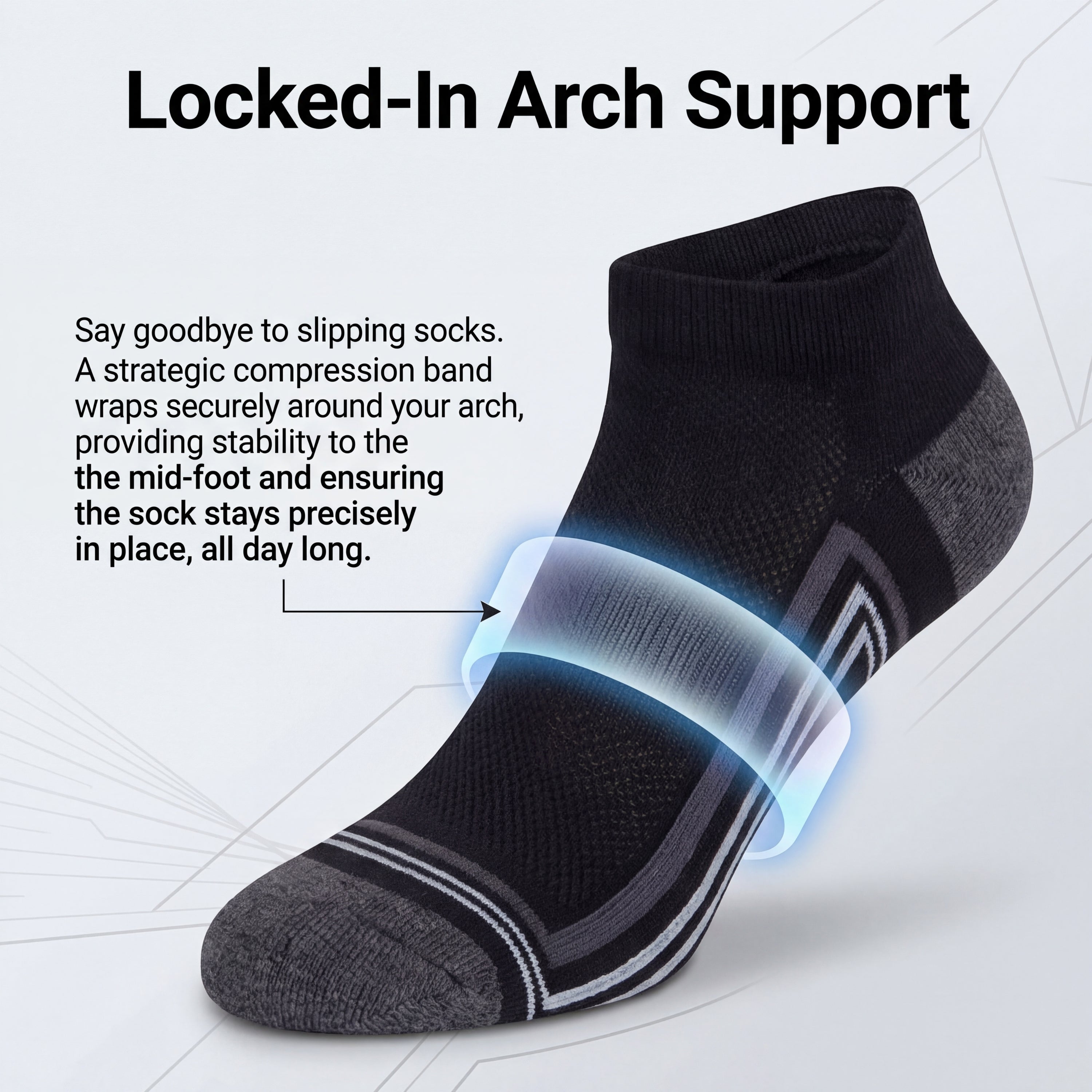 Black ankle sock with arch support feature on a light gray background
