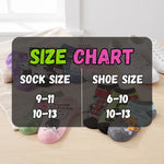 A size chart graphic overlay showing sock size and shoe size conversions, with several pairs of socks displayed on a light wood floor in the background.