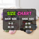 A size chart graphic overlay showing sock size and shoe size conversions, with several pairs of socks displayed on a light wood floor in the background.