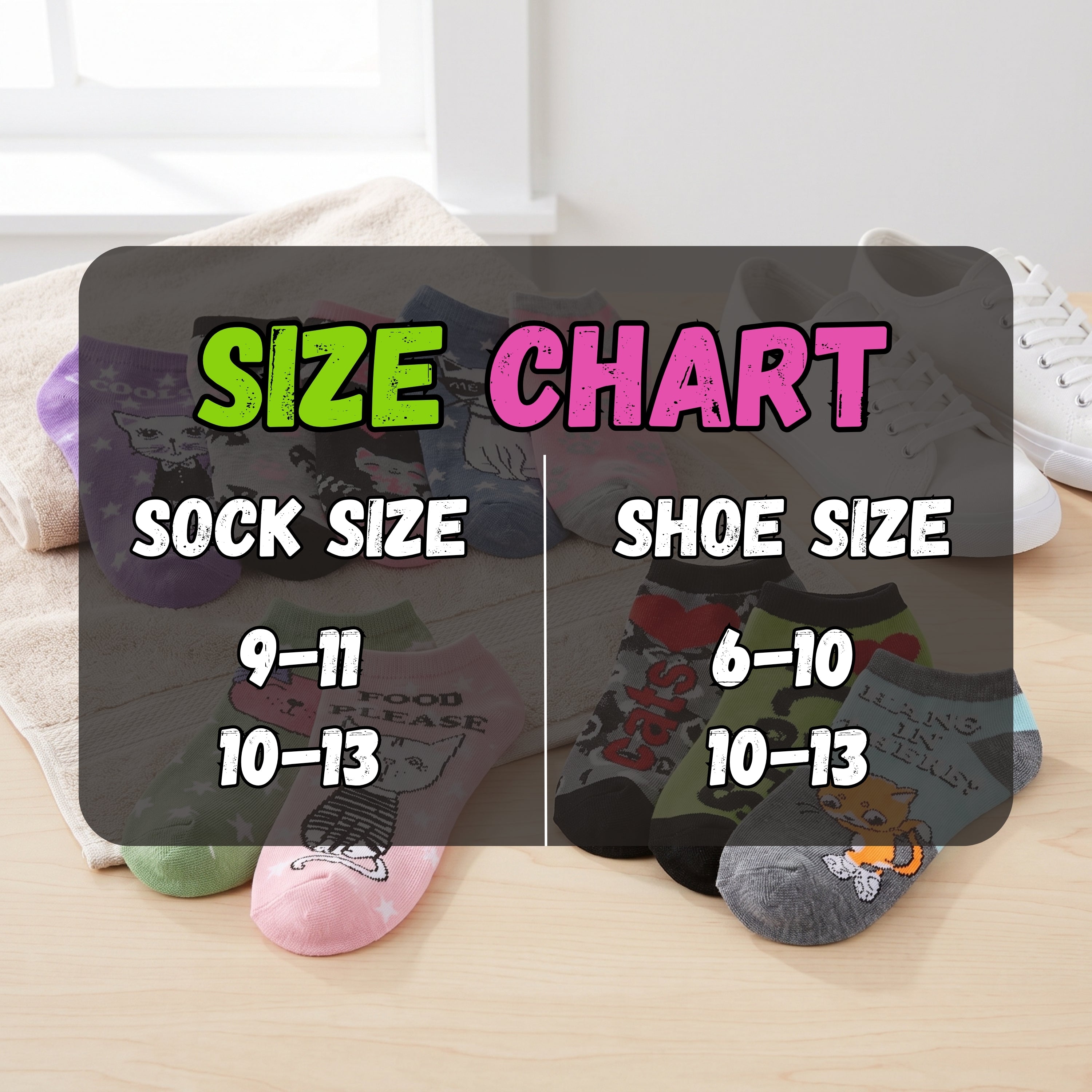 A size chart graphic overlay showing sock size and shoe size conversions, with several pairs of socks displayed on a light wood floor in the background.