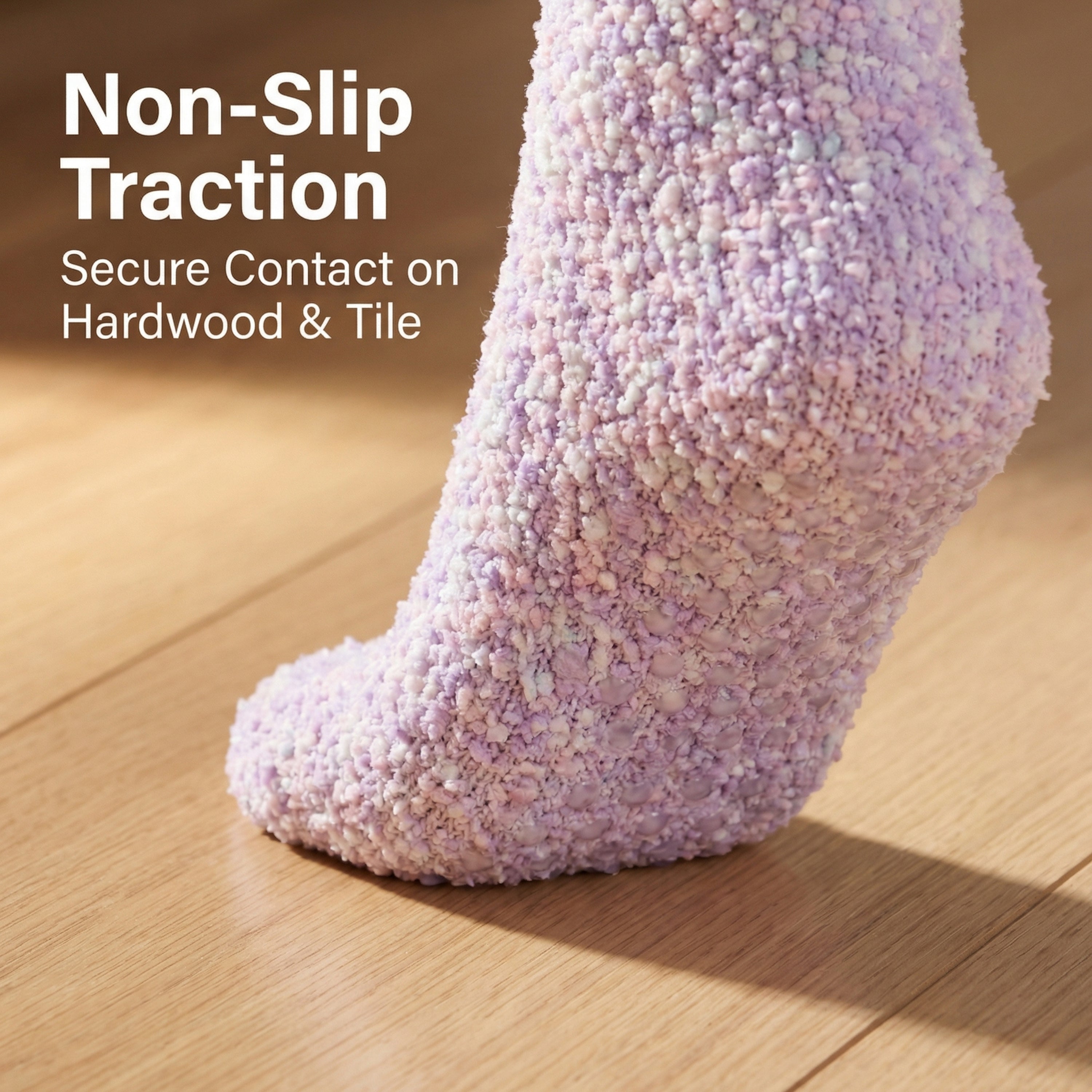 Purple textured sock on a wooden floor with text 'Non-Slip Traction' and 'Secure Contact on Hardwood & Tile'.
