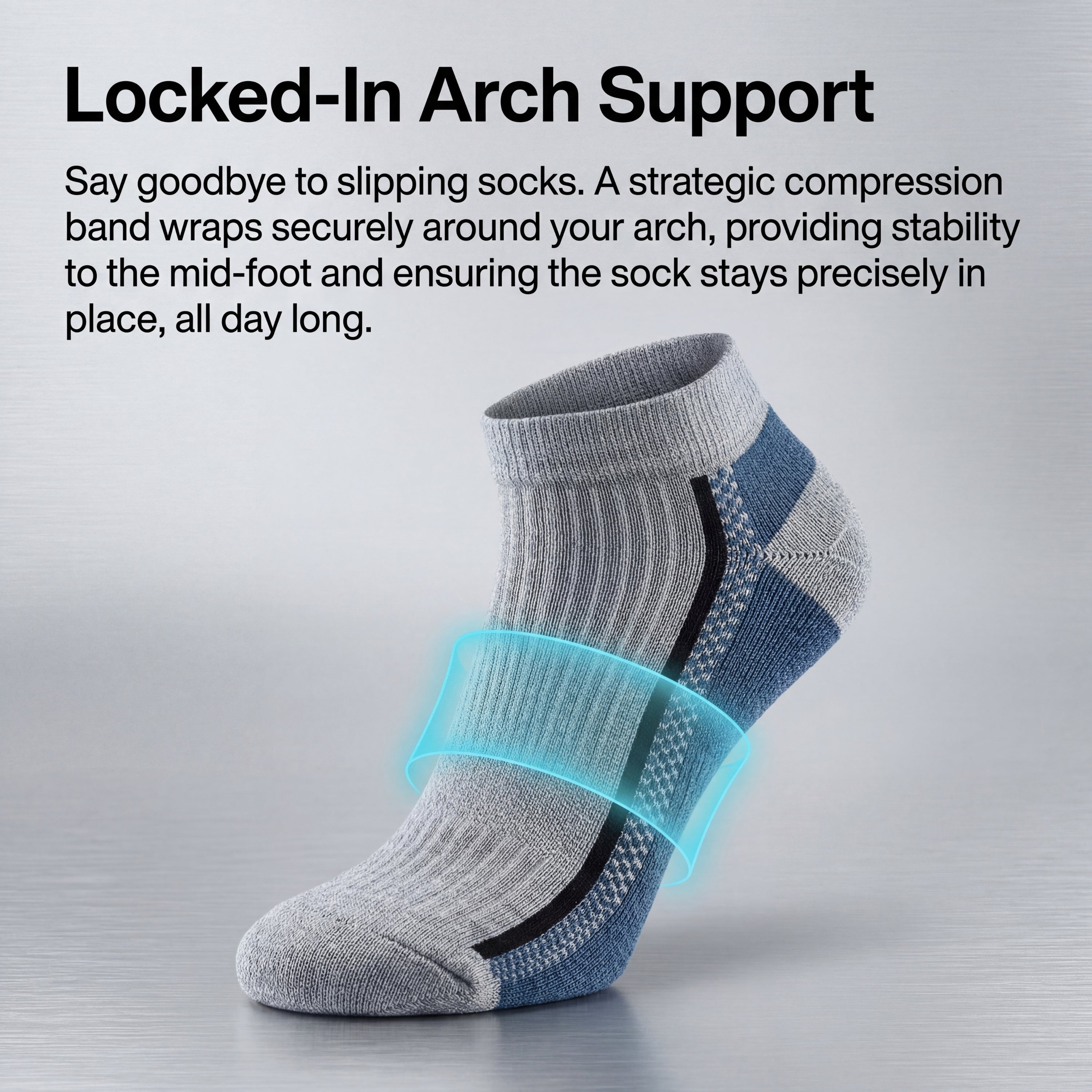 Gray sock with compression band on a light gray background, featuring text about locked-in arch support.