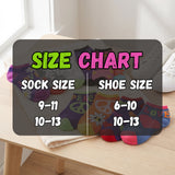 A size chart graphic overlaid on a photo of colorful ankle socks on a wooden table, showing sock size 9-11 and 10-13 paired with shoe sizes 6-10 and 10-13.