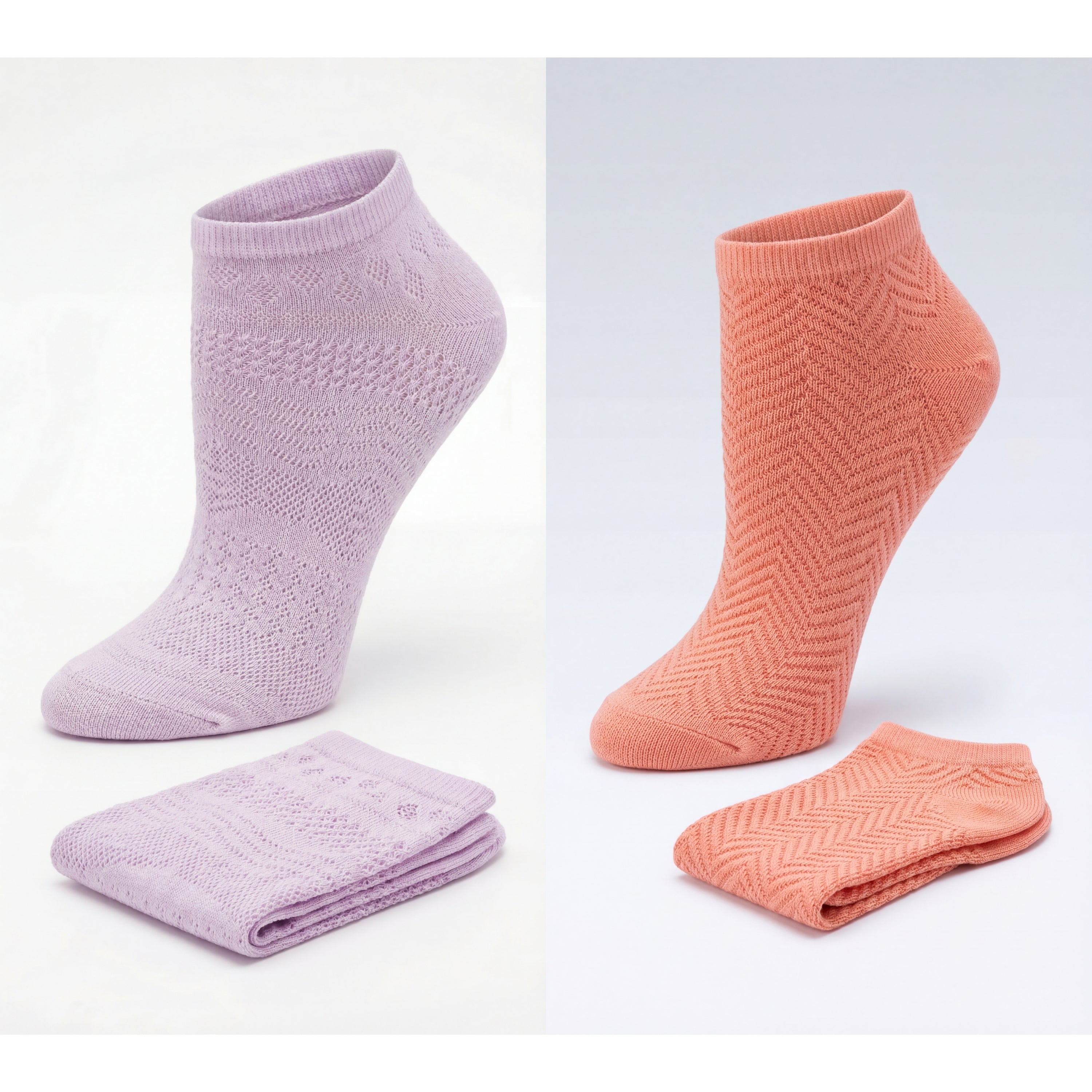 Two pairs of pink socks on a light gray background