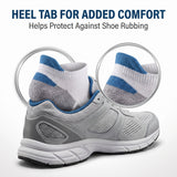 A gray athletic shoe with a white and blue sock inserted into the heel area, shown on a light gray background with marketing text reading 'HEEL TAB FOR ADDED COMFORT' and 'Helps Protect Against Shoe Rubbing.' Two circular callouts highlight the heel area and sock.