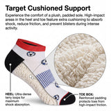 Sock with cushioned sole and detailed text about comfort features