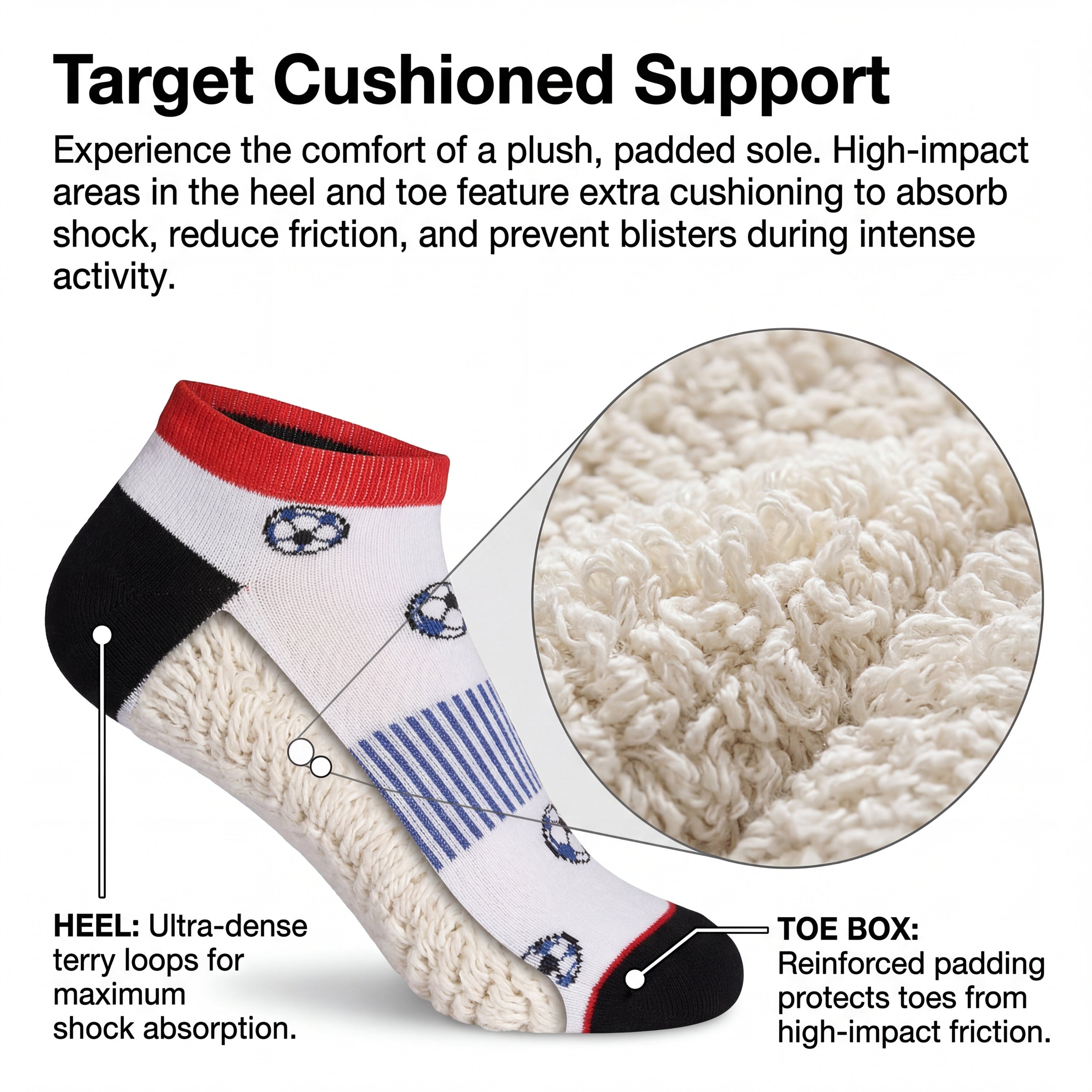 Sock with cushioned sole and detailed text about comfort features