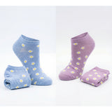 Two pairs of socks, one blue and one purple, with daisy patterns on a white background.