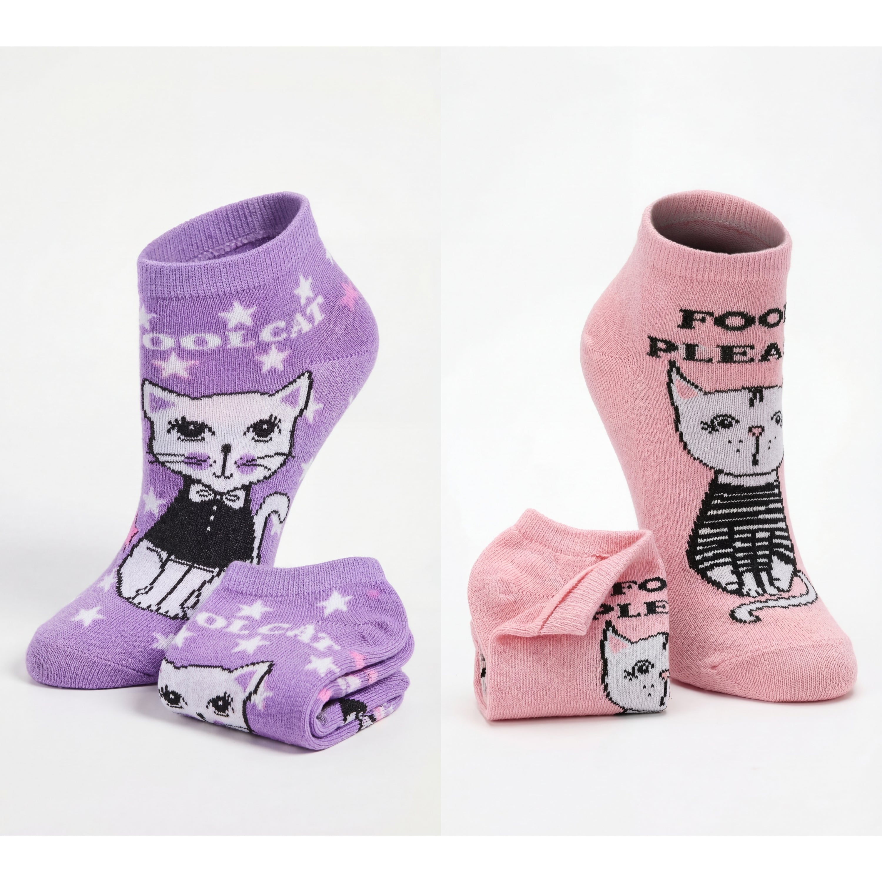 Two pairs of socks with cat designs on a white background