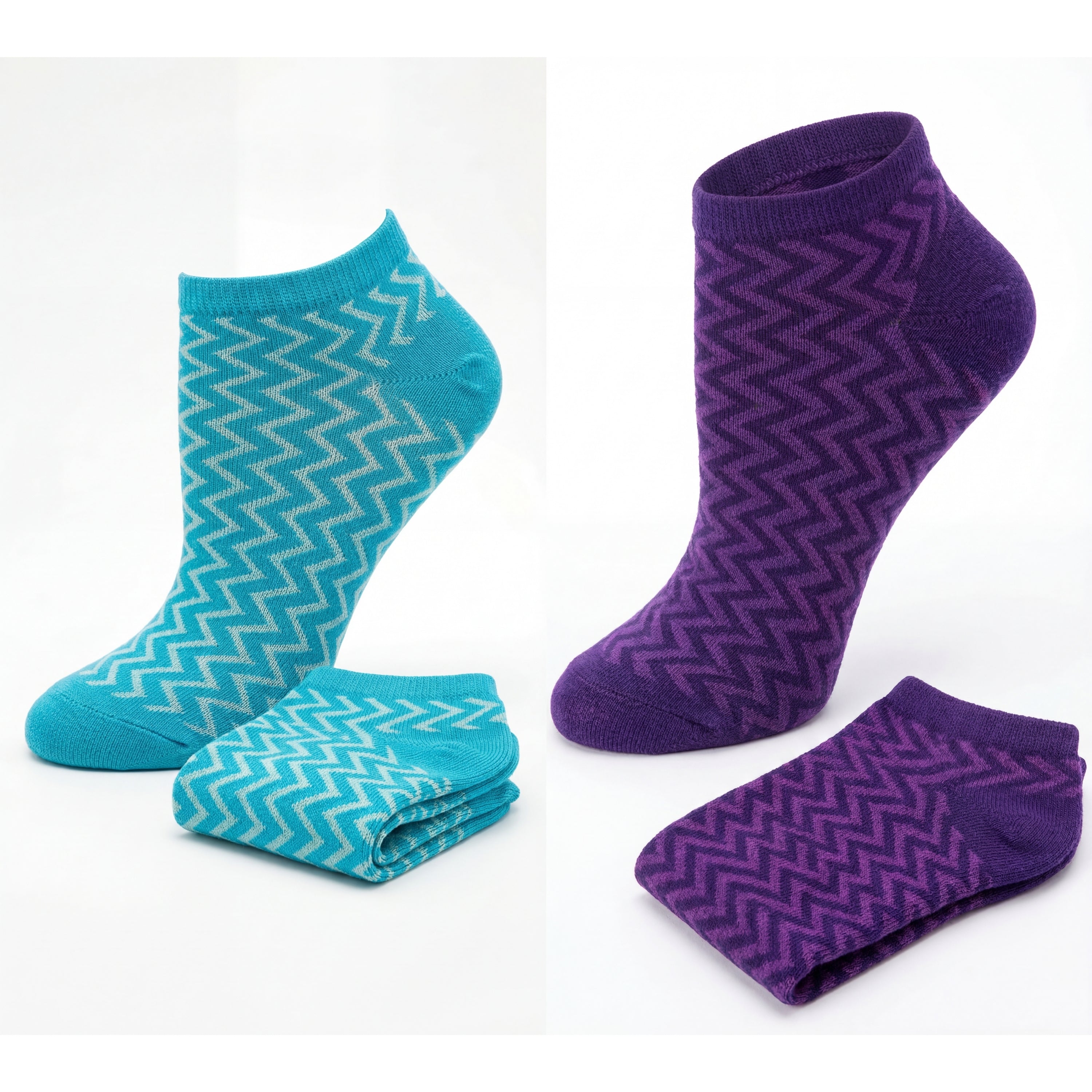 Two pairs of socks, one turquoise and one purple, with zigzag pattern on a white background.