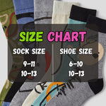 A size chart graphic showing several socks fanned out with overlaid text reading 'SIZE CHART' and size mappings for sock size and shoe size.
