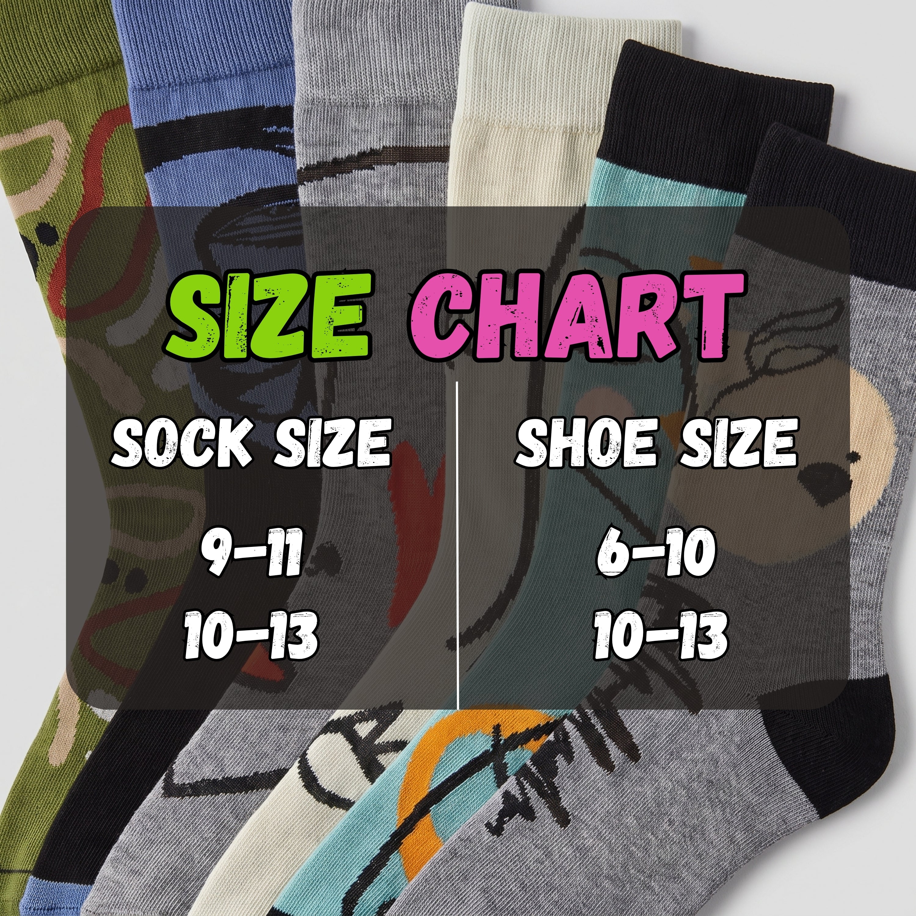 A size chart graphic showing several socks fanned out with overlaid text reading 'SIZE CHART' and size mappings for sock size and shoe size.