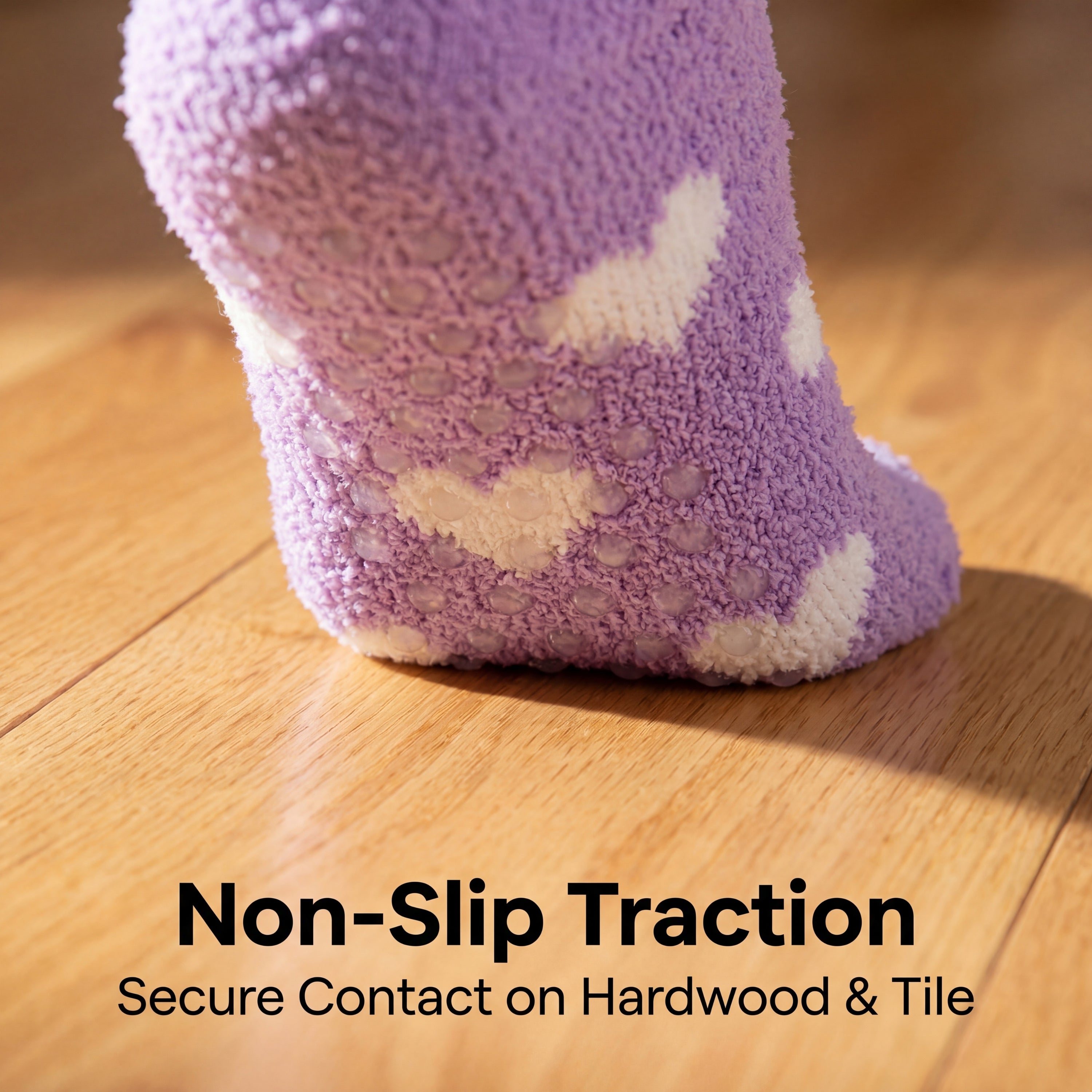 Purple sock with white hearts on a wooden floor, emphasizing non-slip traction.