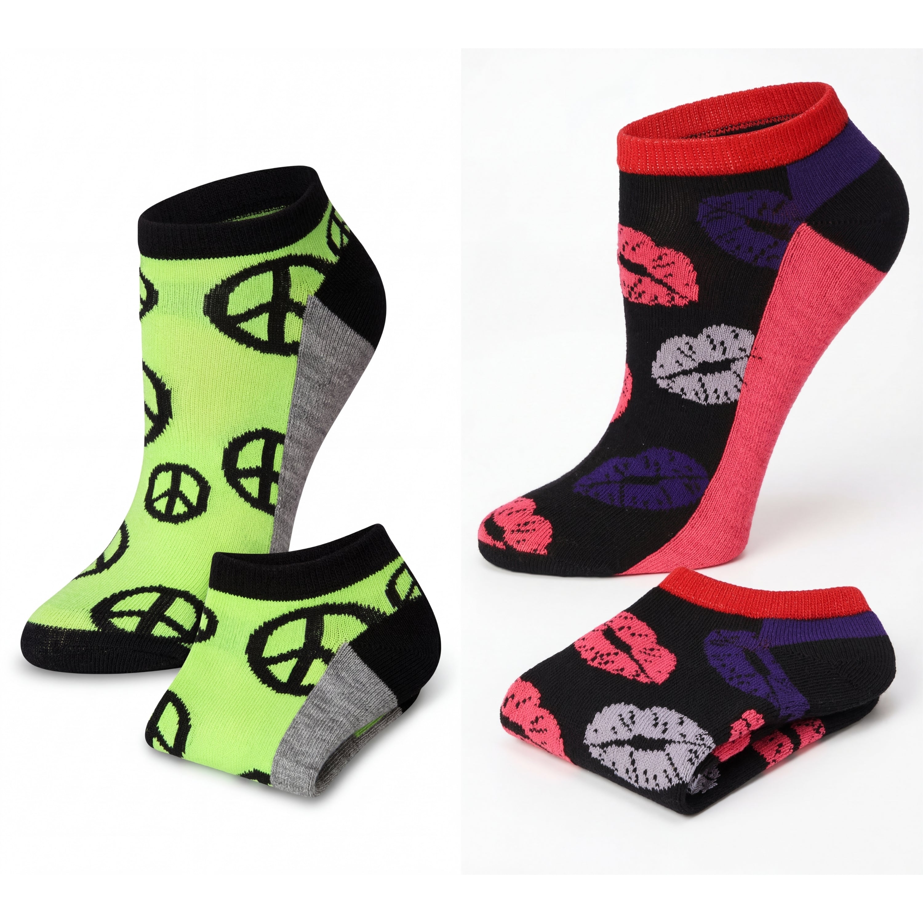 Two pairs of socks with peace signs and lip prints on a white background