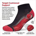 Red and black sock with detailed features and text about cushioned support on a white background