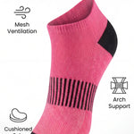 Pink ankle sock with black accents on a white background, featuring text and icons about sock features.