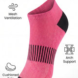 Pink ankle sock with black accents on a white background, featuring text and icons about sock features.