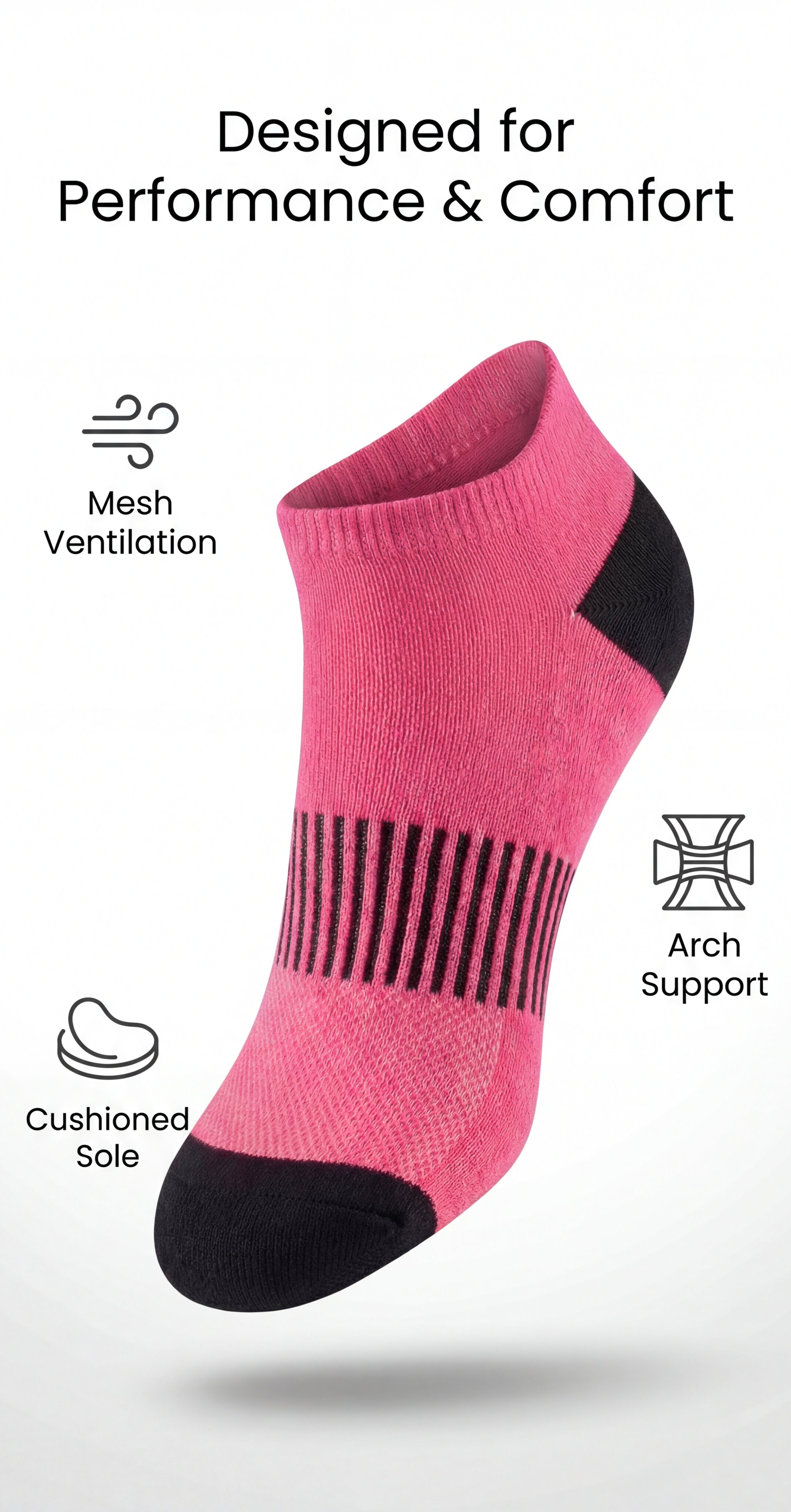Pink ankle sock with black accents on a white background, featuring text and icons about sock features.