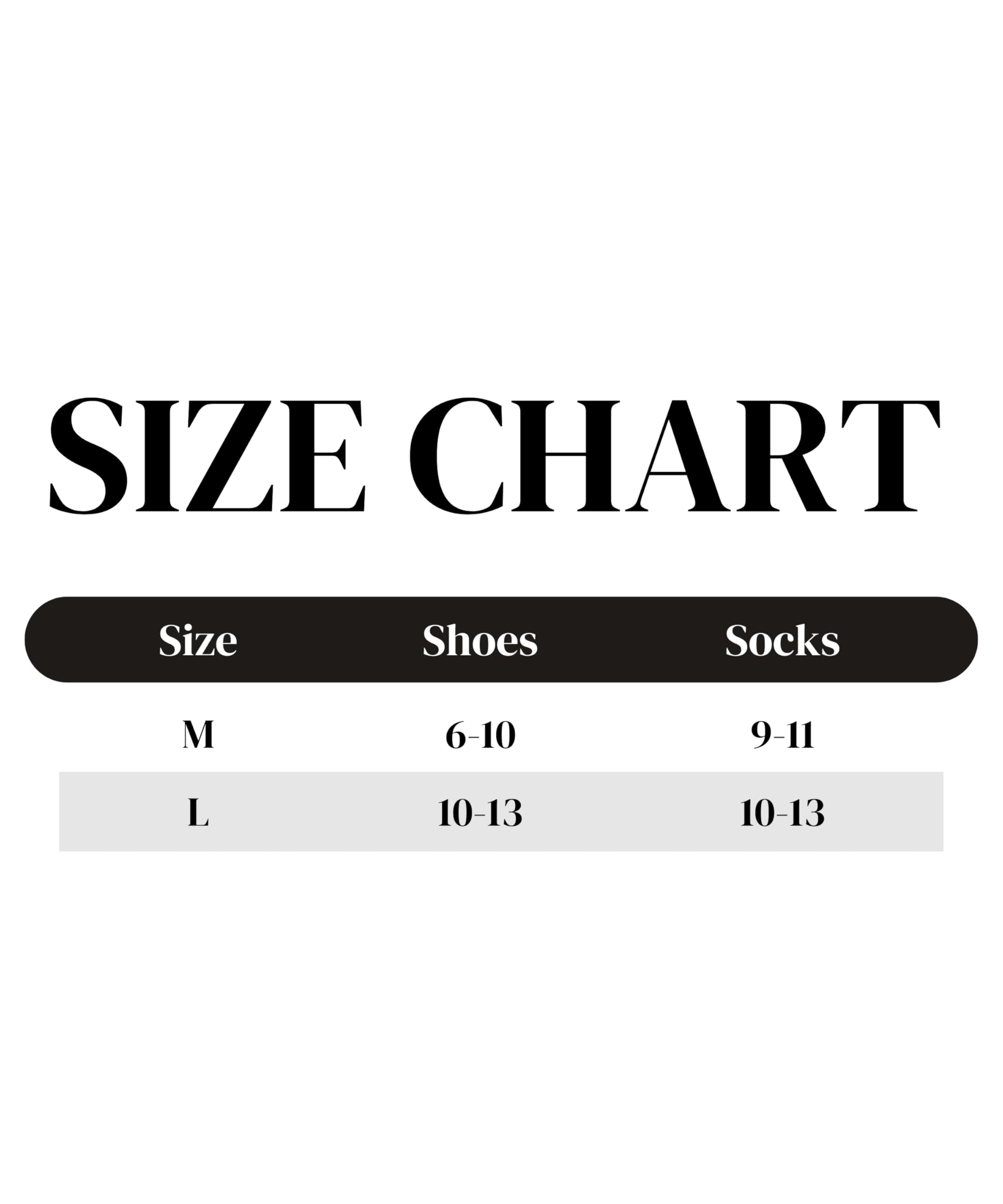 A size chart graphic with the title 'SIZE CHART' in large black text above a table showing size M and L for shoes and socks on a white background.