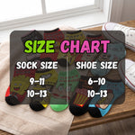 A size chart overlay for cartoon socks, showing sock sizes 9-11 and 10-13 paired with shoe sizes 6-10 and 10-13, with several colorful novelty socks visible on a wooden bench near white sneakers.