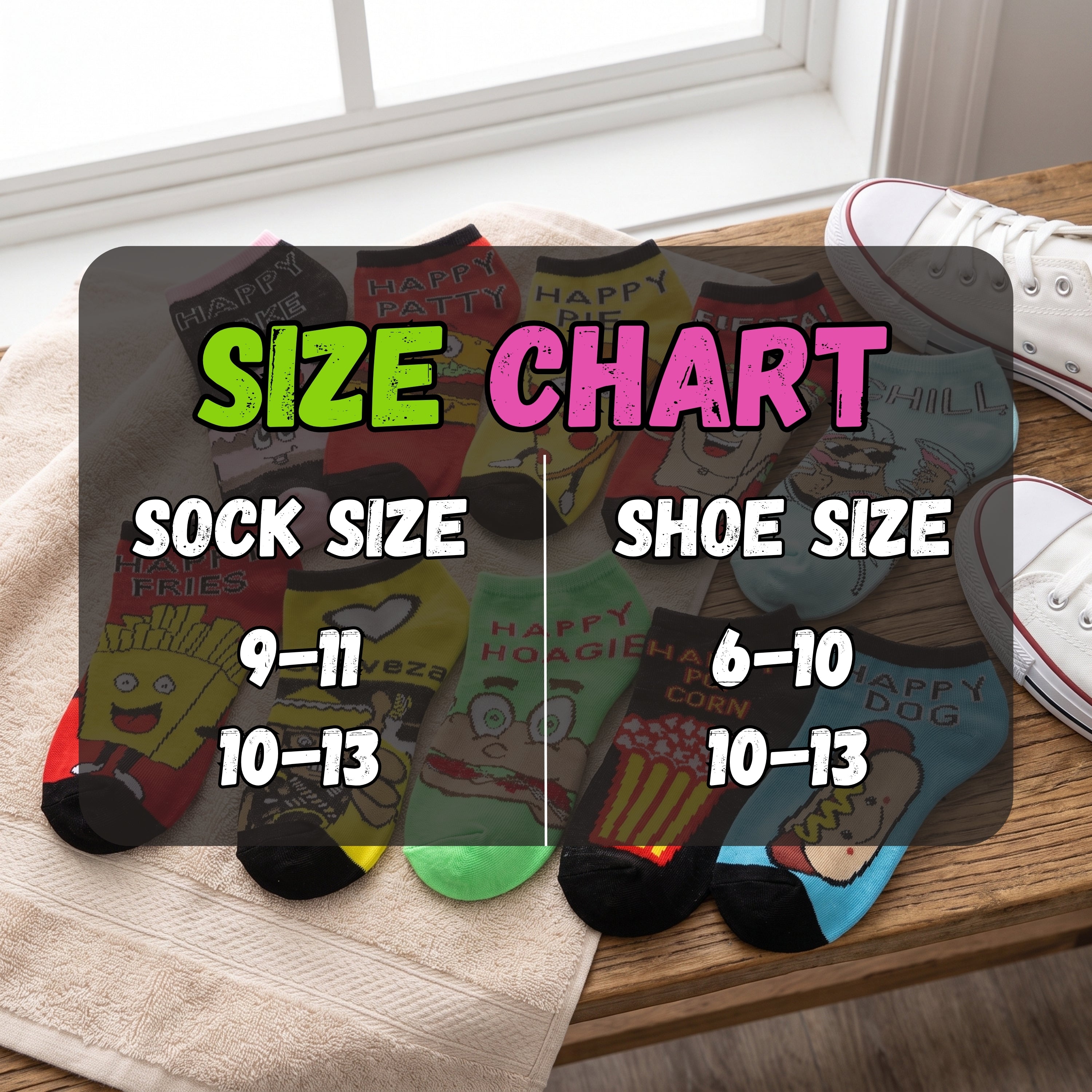 A size chart overlay for cartoon socks, showing sock sizes 9-11 and 10-13 paired with shoe sizes 6-10 and 10-13, with several colorful novelty socks visible on a wooden bench near white sneakers.
