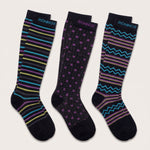 Three pairs of knee-high socks by Ronnox on a light beige background. The left pair has black, purple, yellow, and teal horizontal stripes.