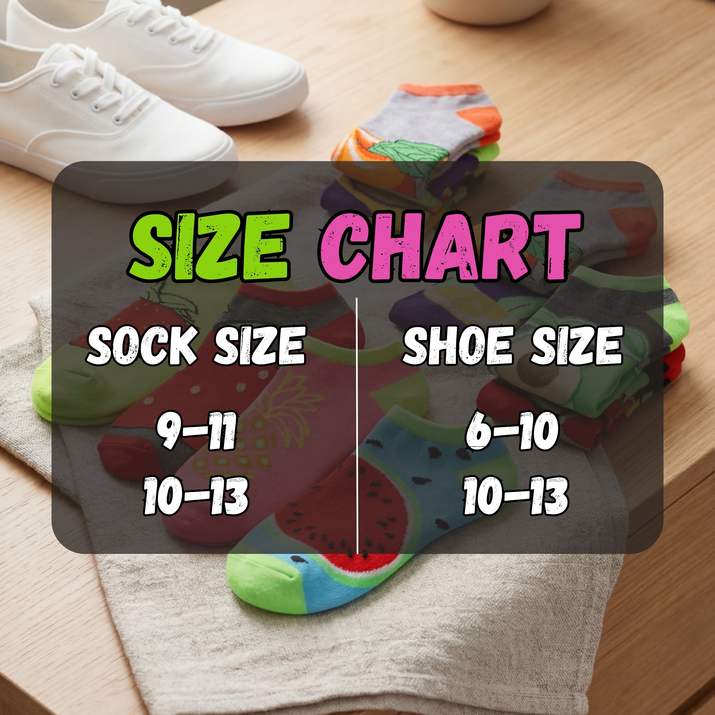 Colorful socks with a size chart overlay on a wooden surface