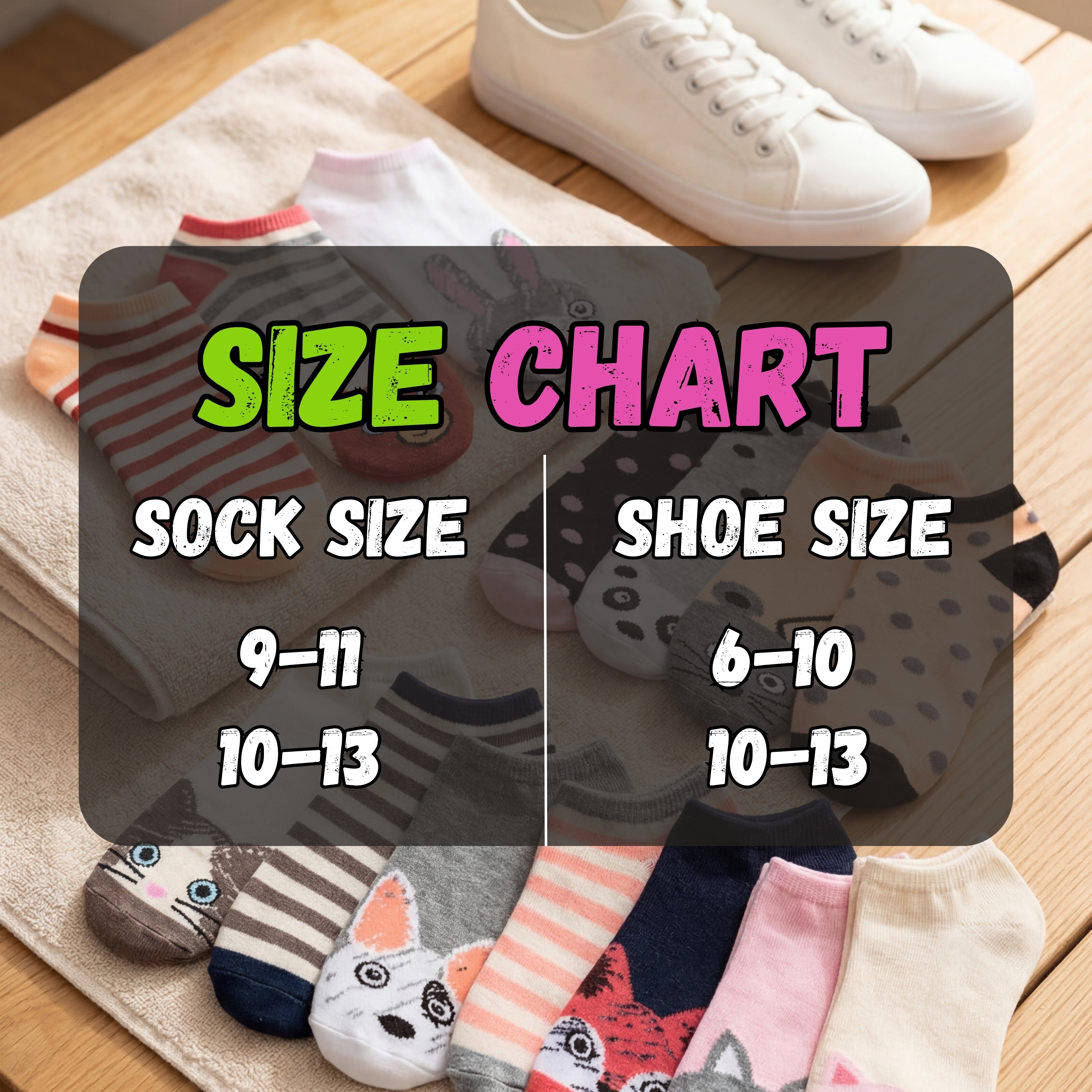 Size chart overlay with socks and shoes on a wooden surface