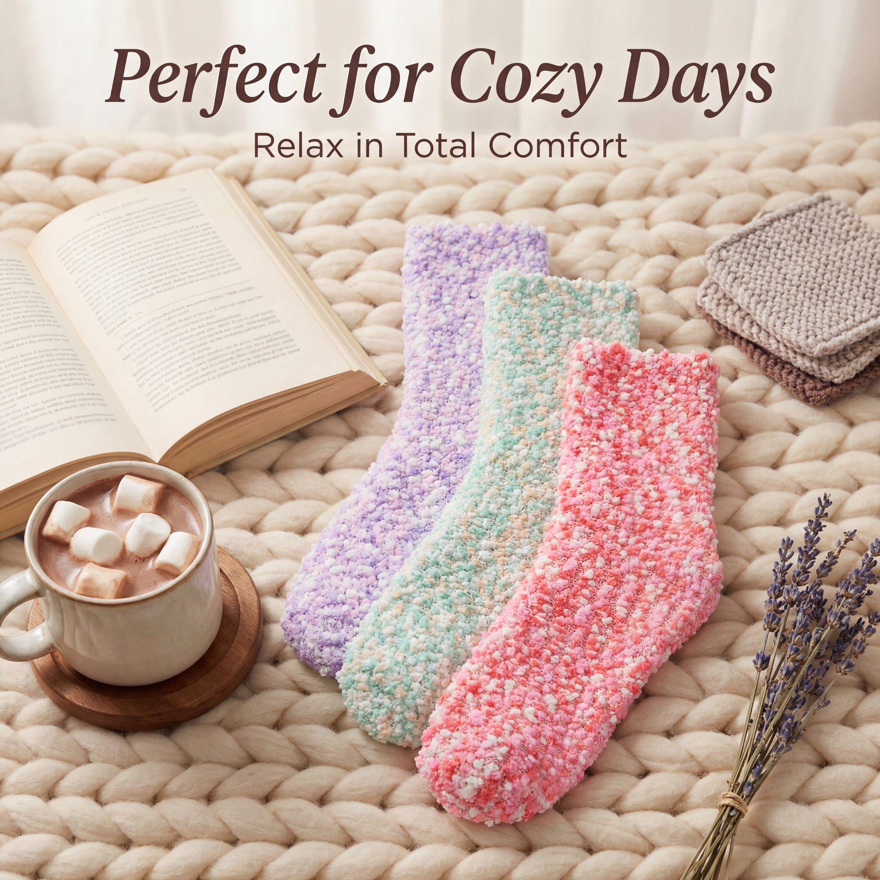 Three colorful textured socks on a textured surface with a book, mug of hot chocolate, and lavender.