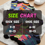 Colorful socks with a size chart showing sock and shoe sizes on a wooden surface.