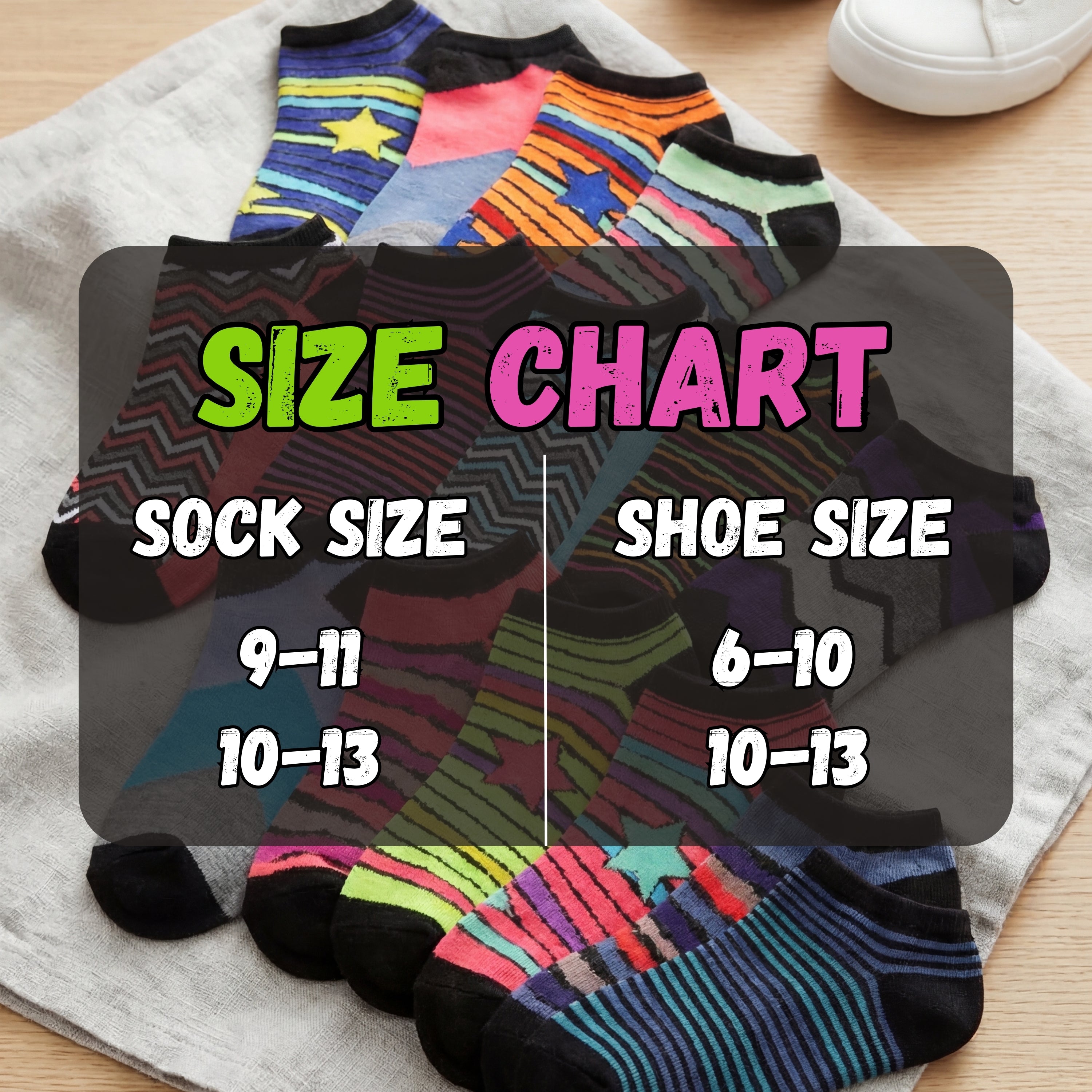 Colorful socks with a size chart showing sock and shoe sizes on a wooden surface.
