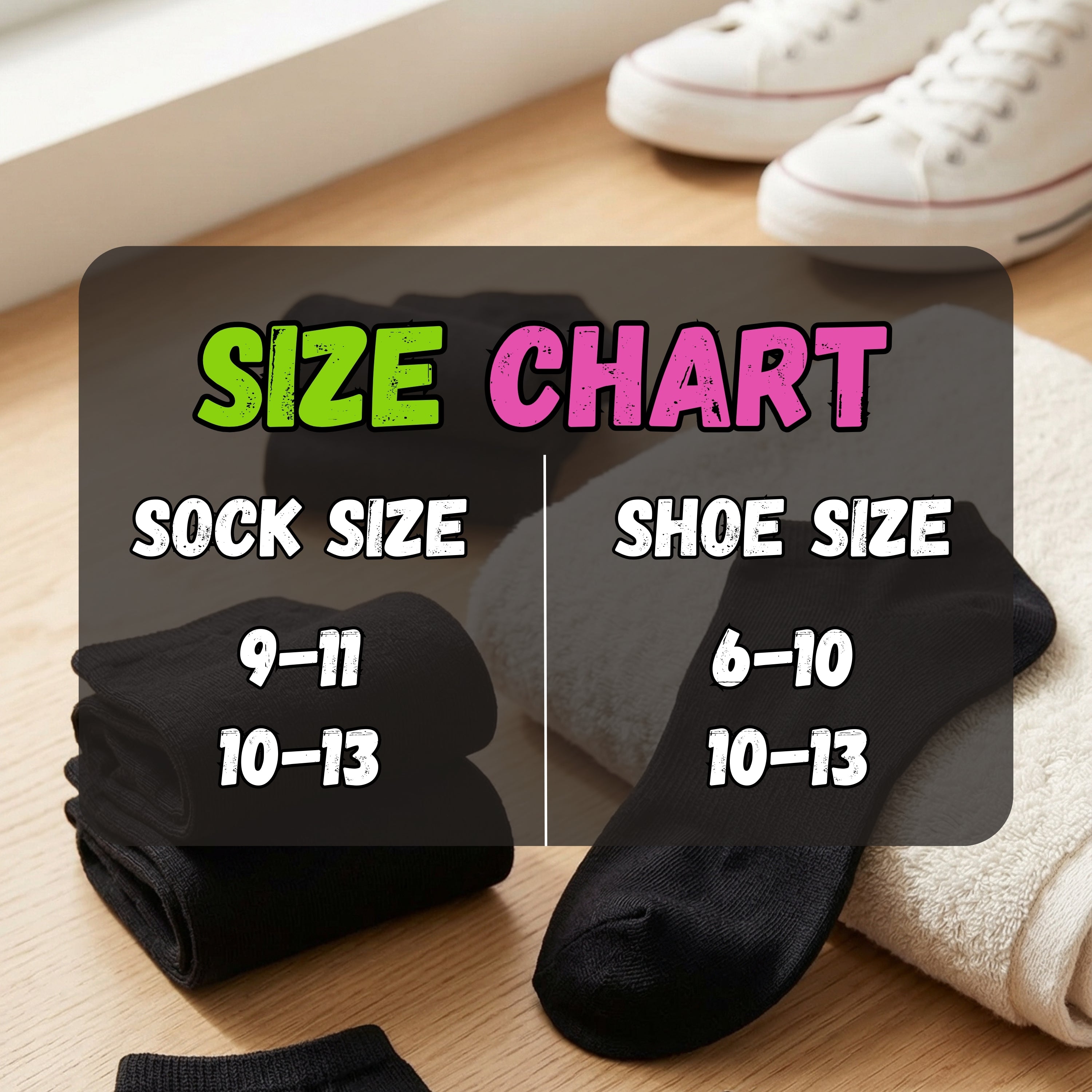 Black socks with a size chart showing sock and shoe size correspondences on a wooden floor.