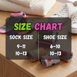 Size chart overlay with socks and shoes on a wooden surface
