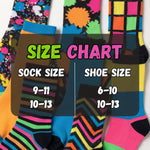 Colorful socks with a size chart indicating sock and shoe sizes.