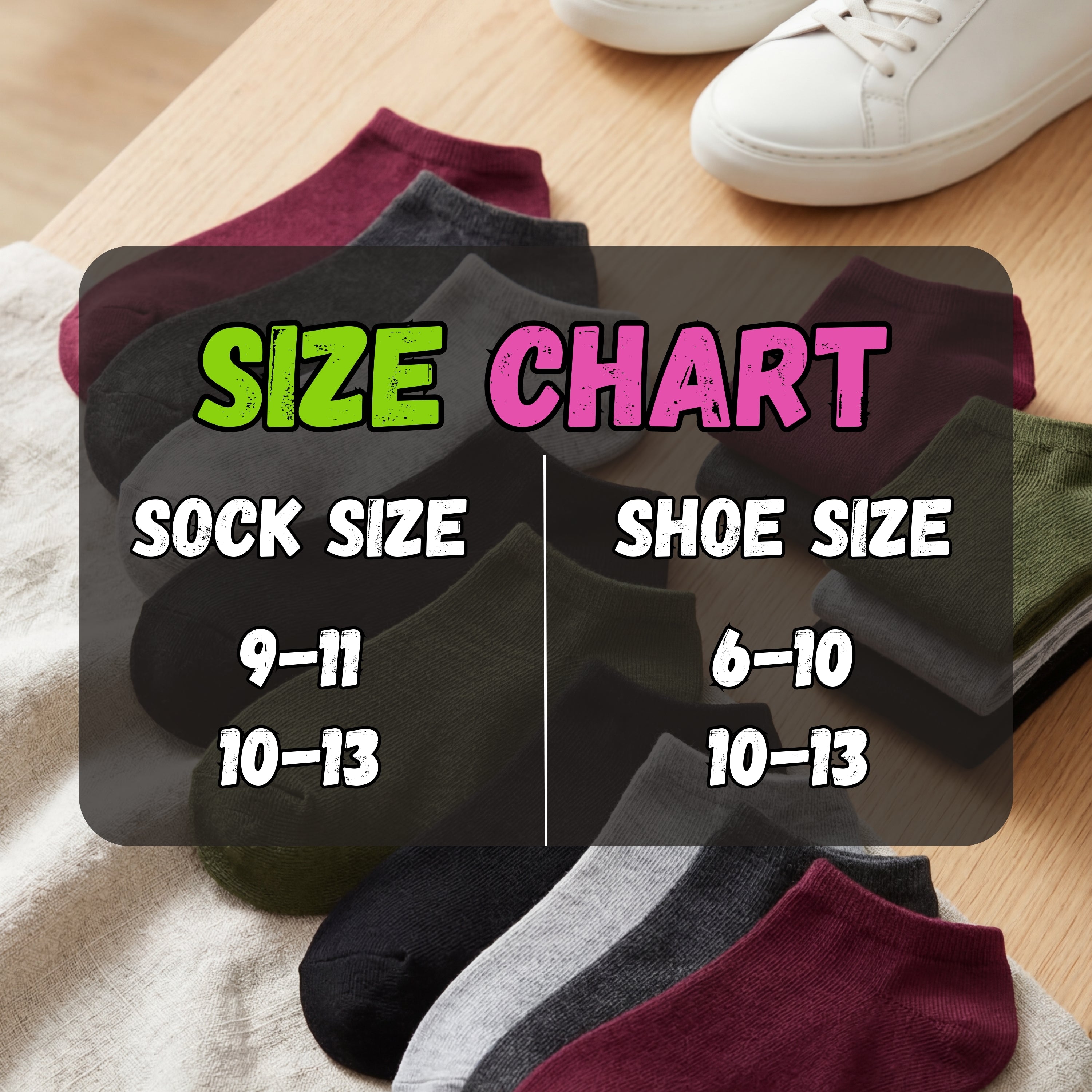 Stack of socks with a size chart indicating sock and shoe sizes on a wooden surface.