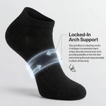 Black ankle sock with arch support feature on a light gray background
