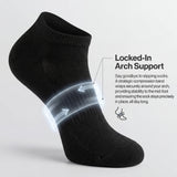 Black ankle sock with arch support feature on a light gray background