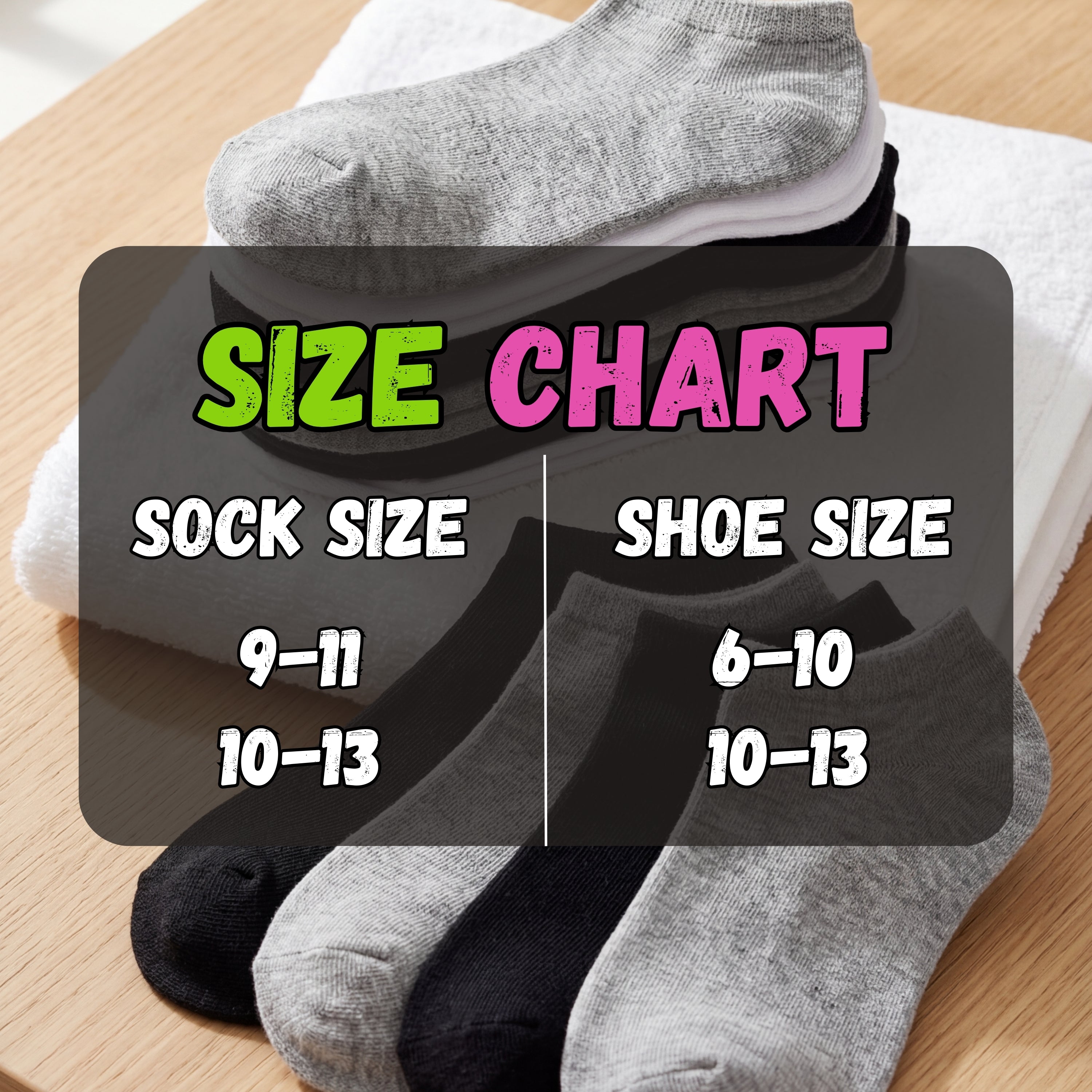 Stack of socks with a size chart indicating sock and shoe sizes on a wooden surface.