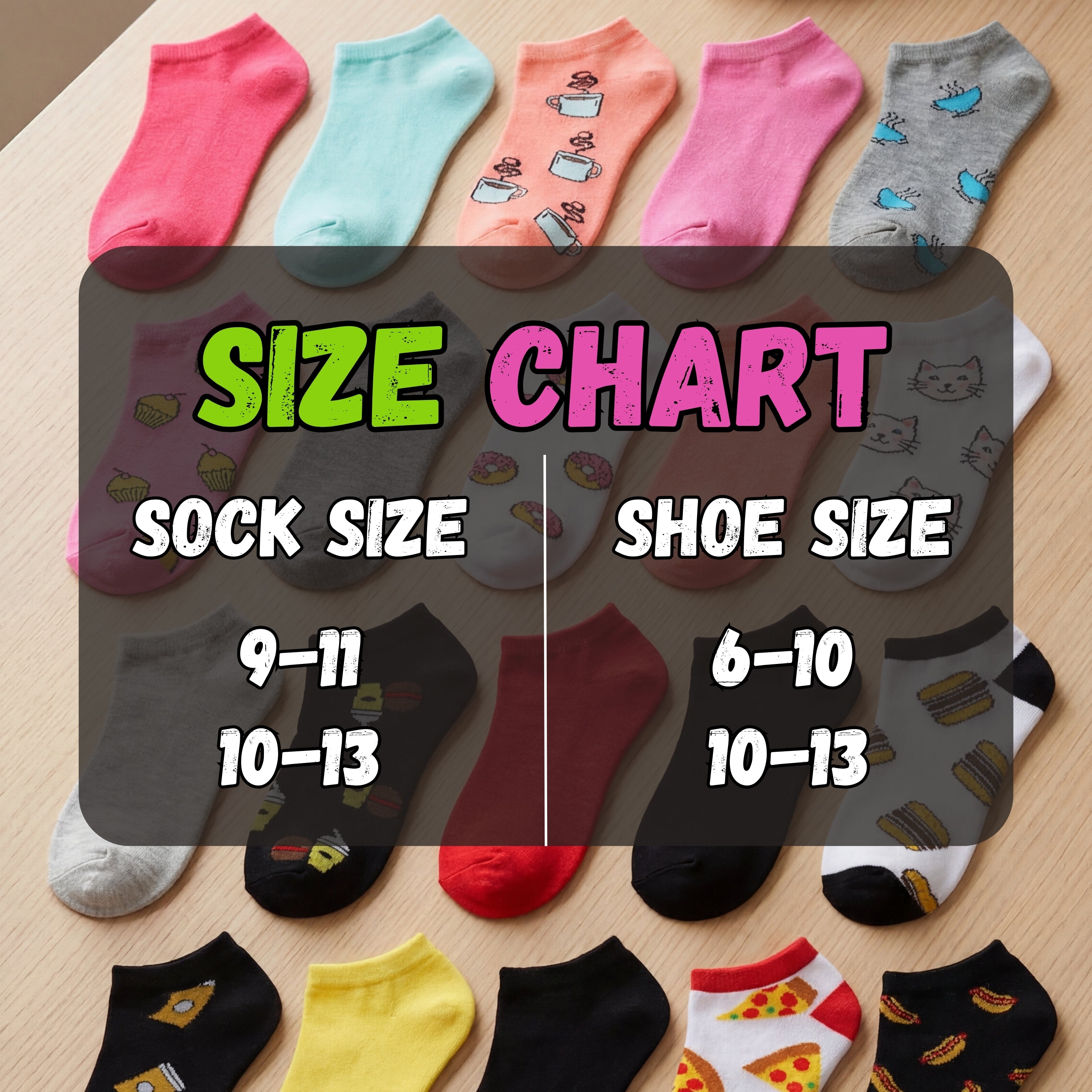 Colorful socks with a size chart on a wooden surface