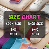 Colorful socks and shoes with size chart on a wooden surface