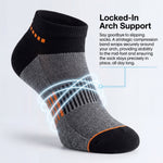 Gray ankle sock with black and orange accents on a light gray background, featuring text about arch support.