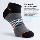 Gray ankle sock with black and orange accents on a light gray background, featuring text about arch support.