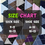 Size chart for socks with corresponding shoe sizes on a patterned sock background