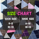 Size chart for socks with corresponding shoe sizes on a patterned sock background