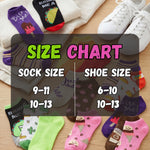 Size chart for socks and shoes with various pairs displayed on a wooden surface.