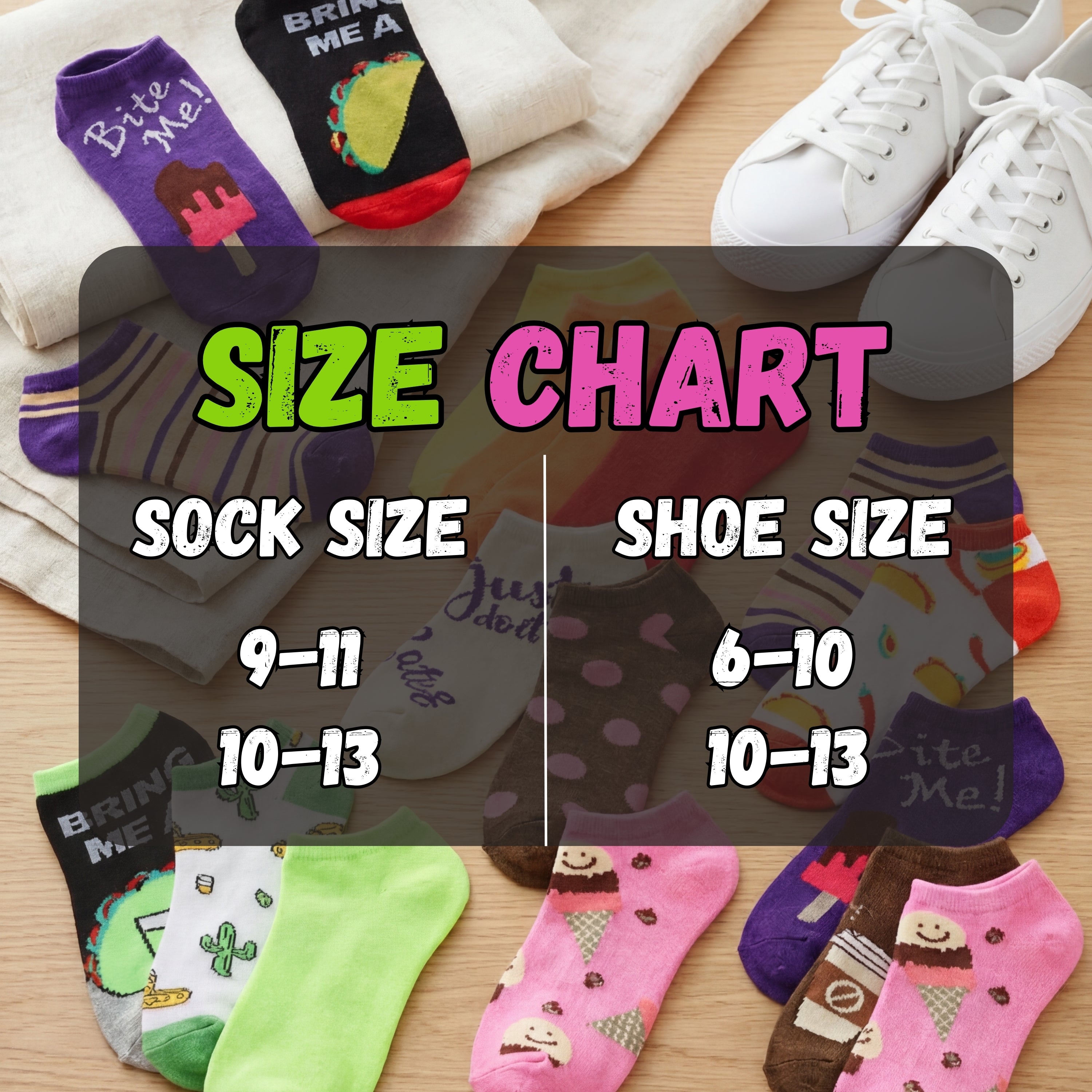 Size chart for socks and shoes with various pairs displayed on a wooden surface.