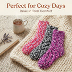 Three textured socks on a textured surface with a cup of tea and lavender, text 'Perfect for Cozy Days Relax in Total Comfort'.