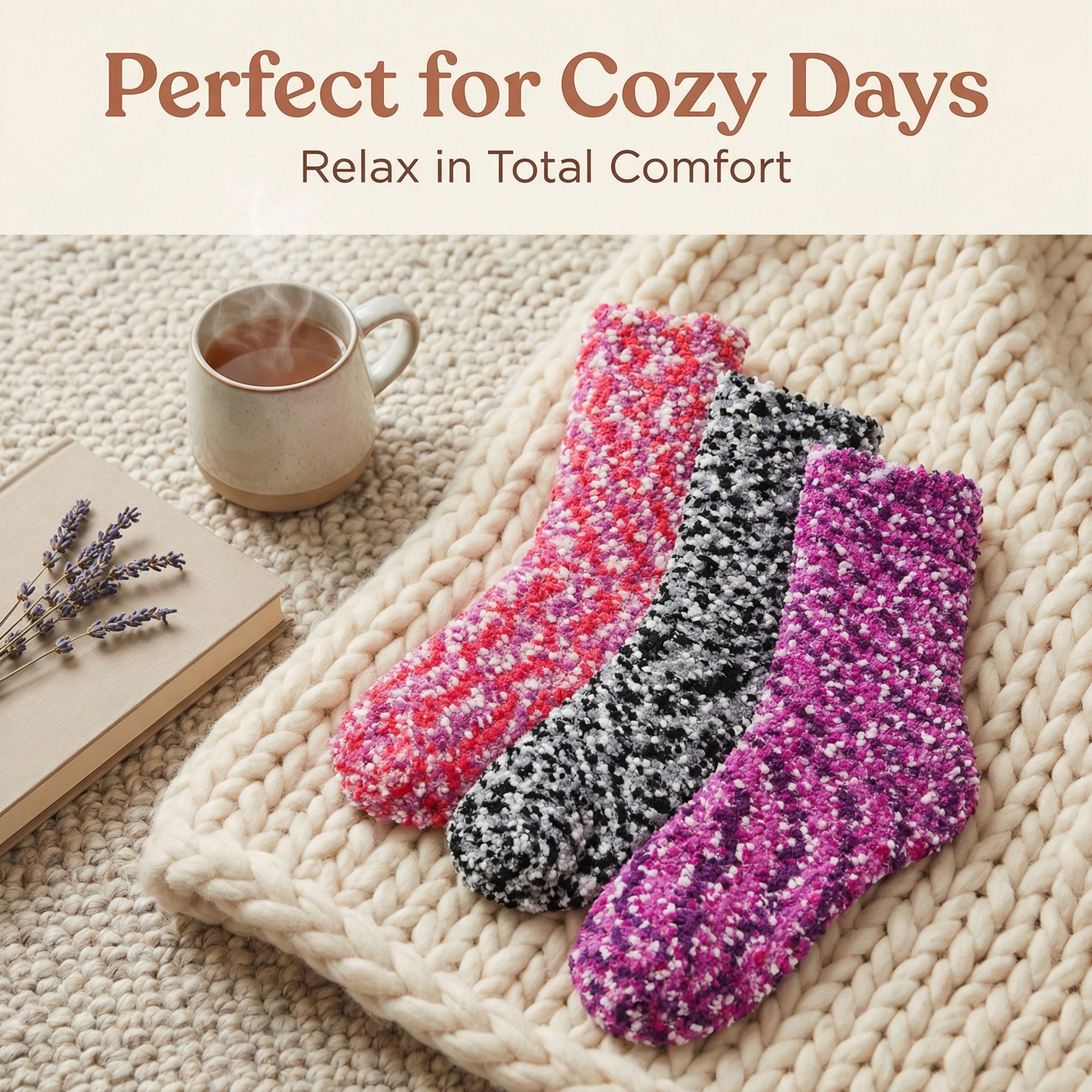 Three textured socks on a textured surface with a cup of tea and lavender, text 'Perfect for Cozy Days Relax in Total Comfort'.