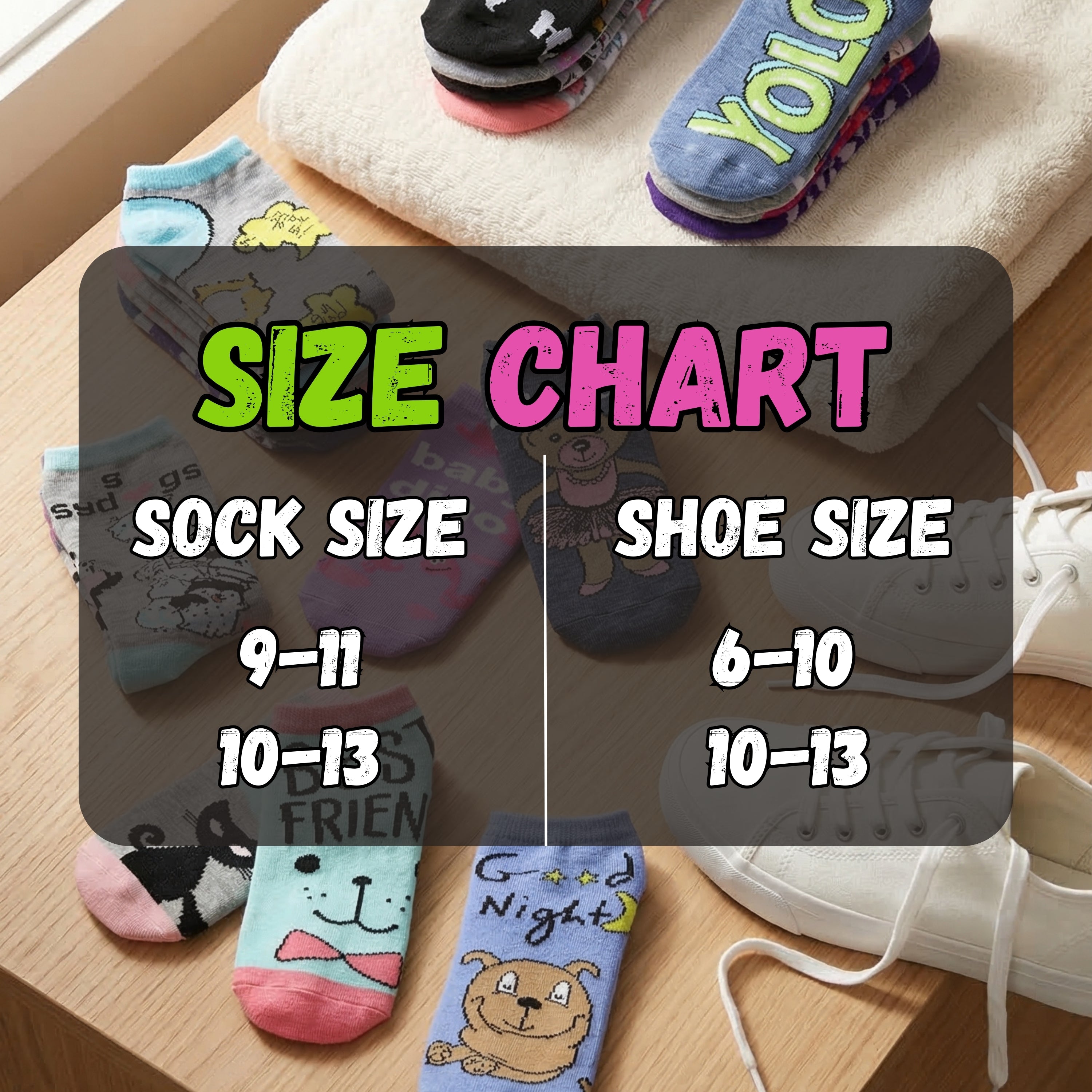 Colorful socks with a size chart indicating sock and shoe sizes on a wooden surface.
